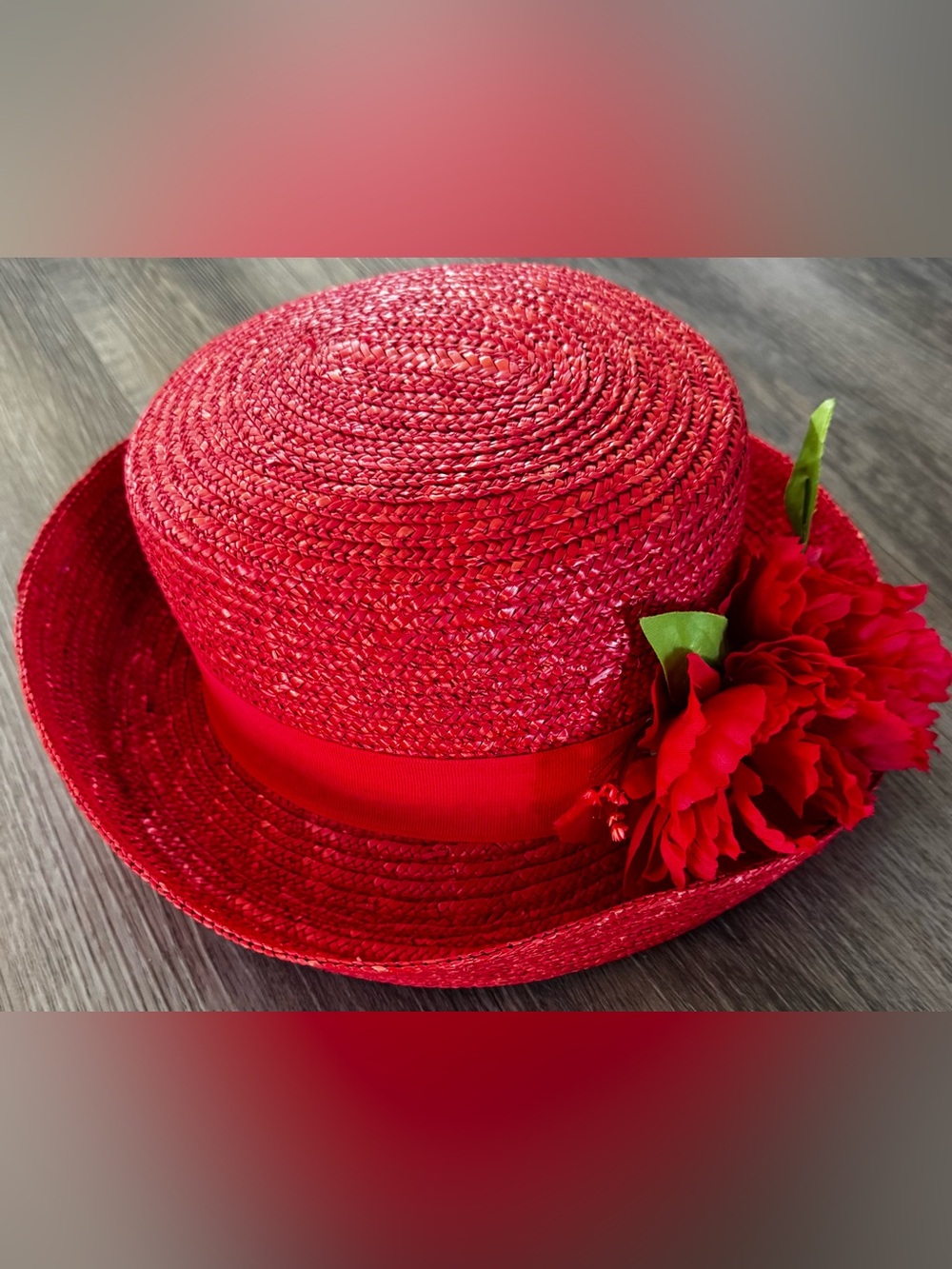 Baxter & Wells Women's Red Straw Floral Accent Dress Hat